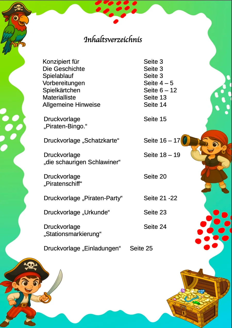 Schnitzeljagd Piraten – Inhaltsverzeichnis