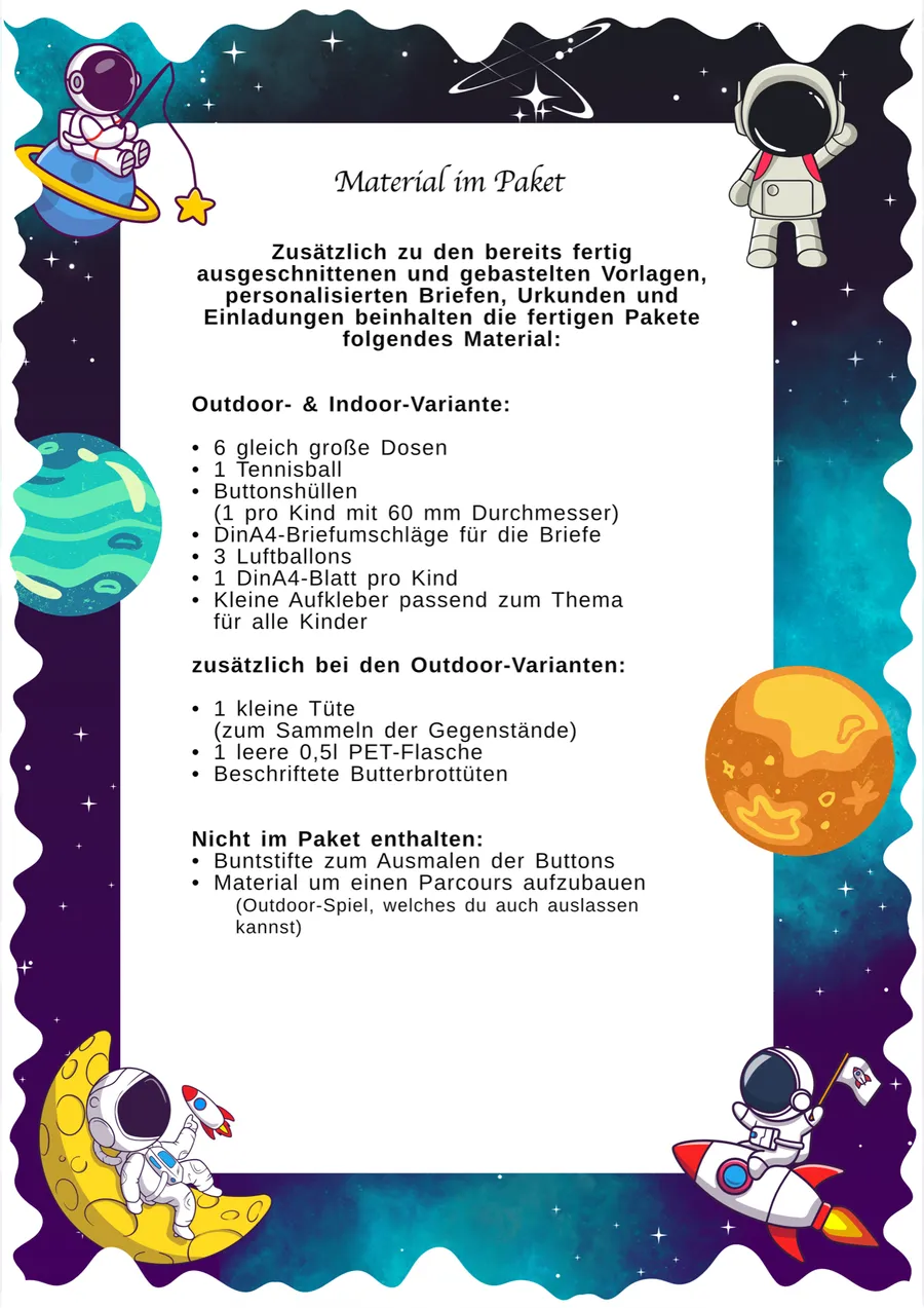 Schnitzeljagd Astronaut & Weltraum – Materialübersicht